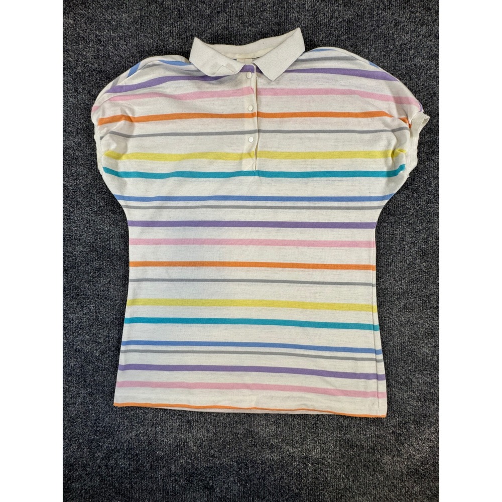 Vintage Jantzen Womens L Pastel Multi Stripe Polo Shirt Made in USA Retro
